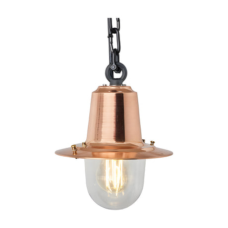 Small Railway Style hanging lantern with copper spun metal shade, wide brim and clear glass dome, suspended on a black chain against a plain white background.