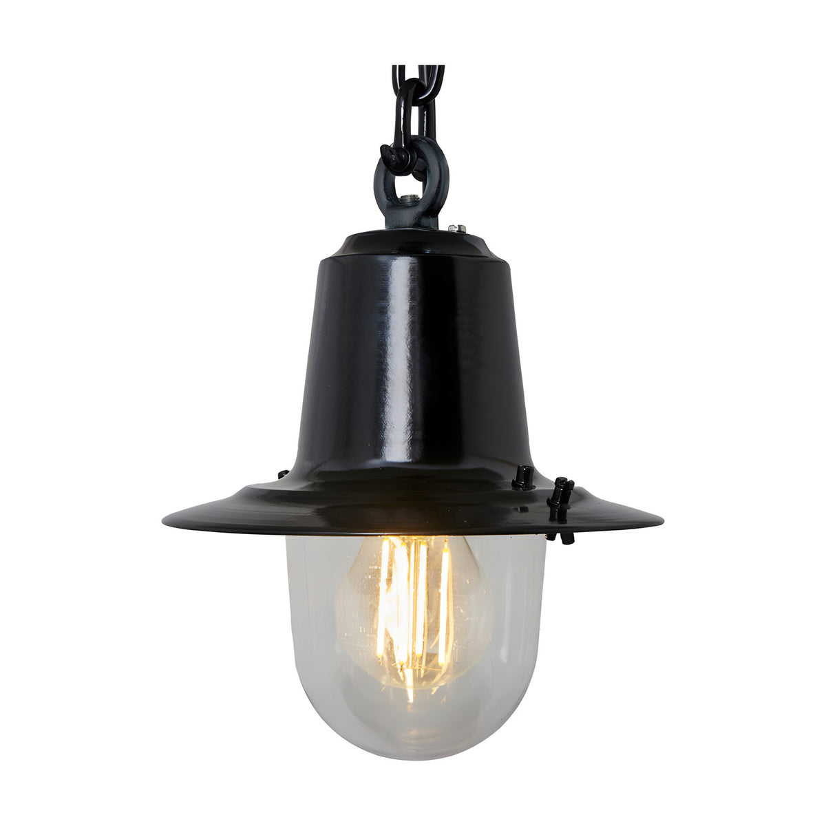 Small Railway Style hanging lantern in black cast iron with a domed clear glass shade, suspended from a chain, lit with a visible bulb on a plain white background.