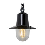Small Railway Style hanging lantern in black cast iron with a domed clear glass shade, suspended from a chain, lit with a visible bulb on a plain white background.