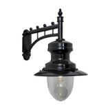 Large railway style outdoor wall lantern in black, with a trussed cast arm, spun metal shade and clear glass dome, shown on a plain white background.