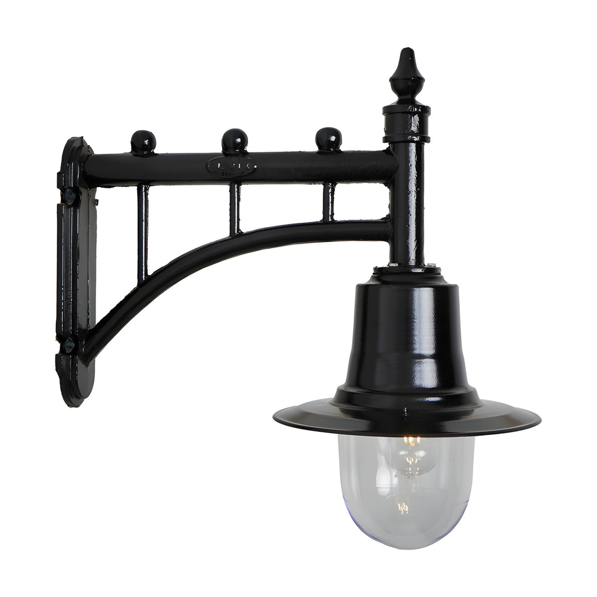 Medium Railway Style Wall Lantern on a black cast arm with trussed bracket, spun shade, and clear glass dome, shown on a plain white background.