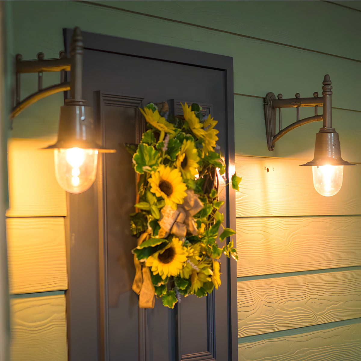 Small railway style wall lanterns on cast arms in black, mounted either side of a front door, each with a spun shade over a clear glass dome, illuminated at dusk.