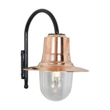 Small Vintage Wall Lantern on a black goose neck bracket with a hand-spun copper shade and clear glass globe, shown on a plain white background.