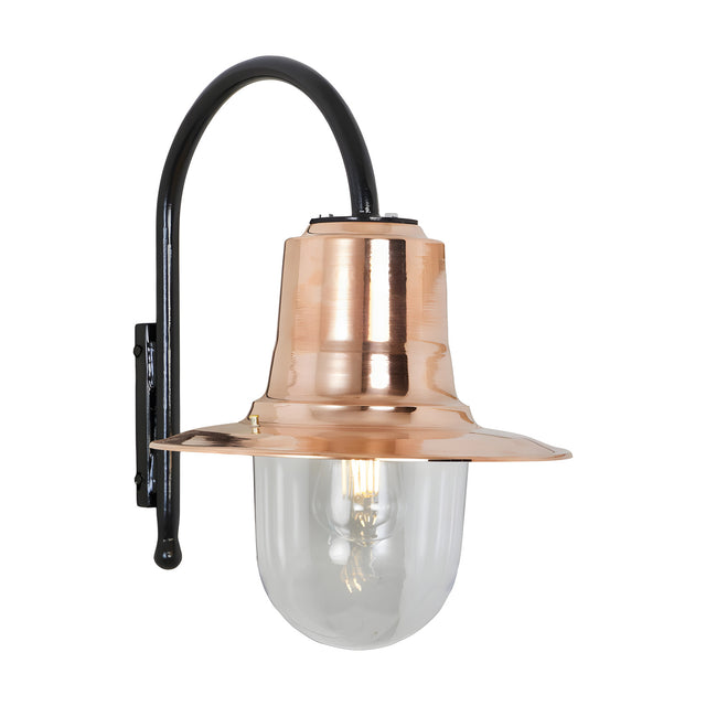 Small Vintage Wall Lantern on a black goose neck bracket with a hand-spun copper shade and clear glass globe, shown on a plain white background.