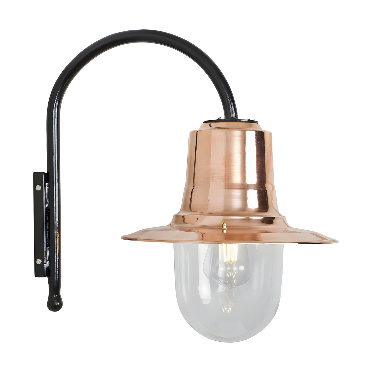 Small Vintage Wall Lantern on a black goose neck bracket with a copper shade, teardrop glass diffuser, and E27 bulb, shown on a white background.