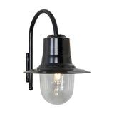 Small vintage wall lantern in black with a curved goose neck bracket, teardrop shade, and clear polycarbonate cylinder housing an exposed bulb, shown on a plain white background.