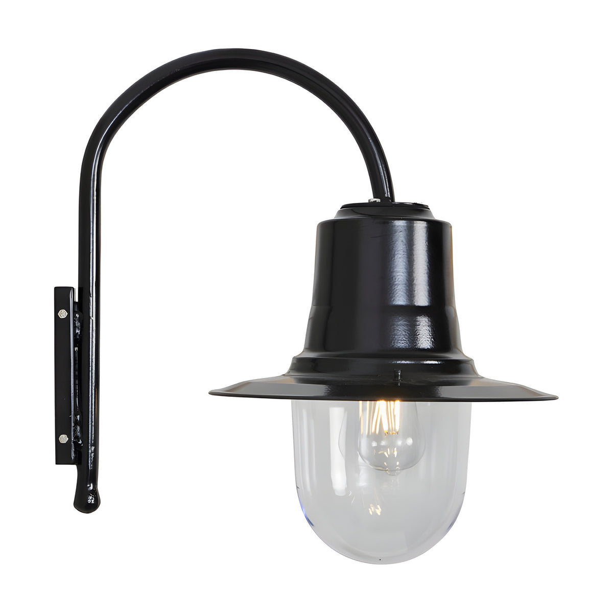 Small Vintage Wall Lantern on a Goose Neck Bracket in black, with a teardrop metal shade over a clear polycarbonate globe and lit bulb, shown on a plain white background.