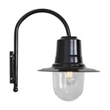 Small Vintage Wall Lantern on a Goose Neck Bracket in black, with a teardrop metal shade over a clear polycarbonate globe and lit bulb, shown on a plain white background.