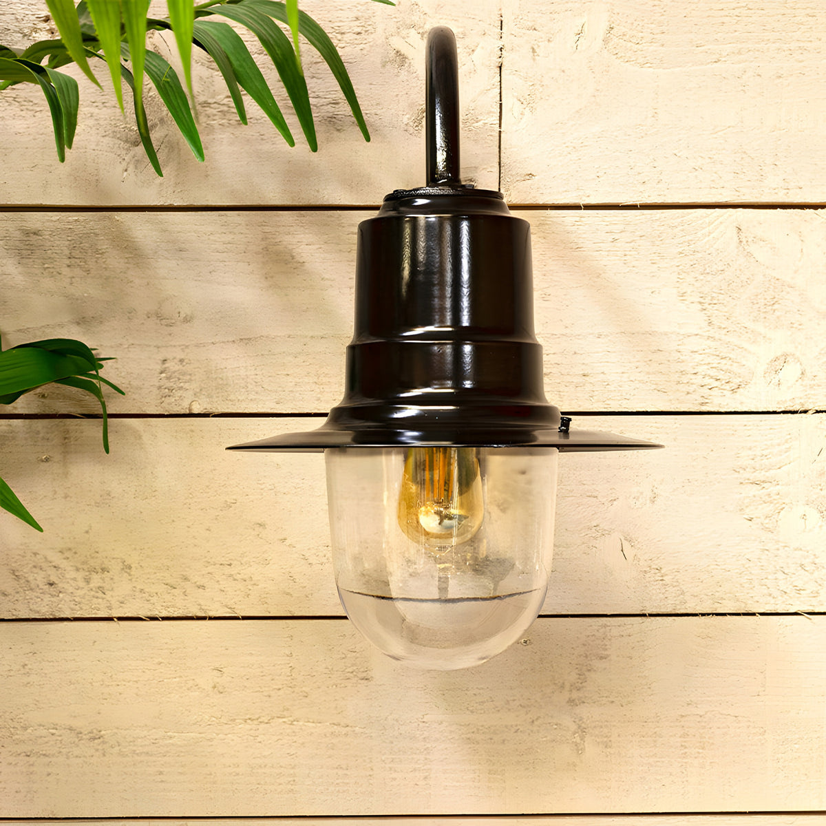 Small Vintage Wall Lantern on a Goose Neck Bracket in black, with teardrop shade over a clear polycarbonate cylinder, mounted on a wooden panel with foliage nearby.