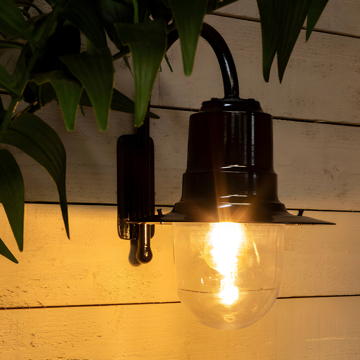 Small Vintage Wall Lantern on a black goose neck bracket, illuminated with a bell-shaped shade over a clear polycarbonate cylinder, mounted on a wooden panelled wall amid foliage.