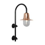 Large vintage outdoor wall lantern on a black gooseneck bracket, with a copper teardrop shade over a clear glass dome, on a plain white background.