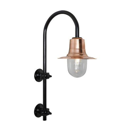 Large vintage outdoor wall lantern on a black gooseneck bracket, with a copper teardrop shade over a clear glass dome, on a plain white background.