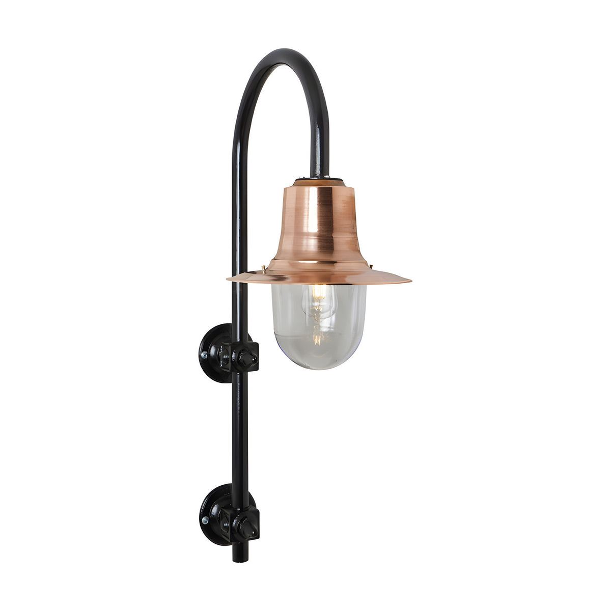 Large vintage wall lantern with a black goose neck bracket, copper teardrop shade, and clear glass dome, mounted on two round wall brackets, shown on a plain white background.