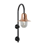 Large vintage wall lantern with a black goose neck bracket, copper teardrop shade, and clear glass dome, mounted on two round wall brackets, shown on a plain white background.