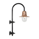 Large vintage wall lantern on a black goose neck bracket with a copper teardrop shade over a clear glass dome, shown on a plain white background.