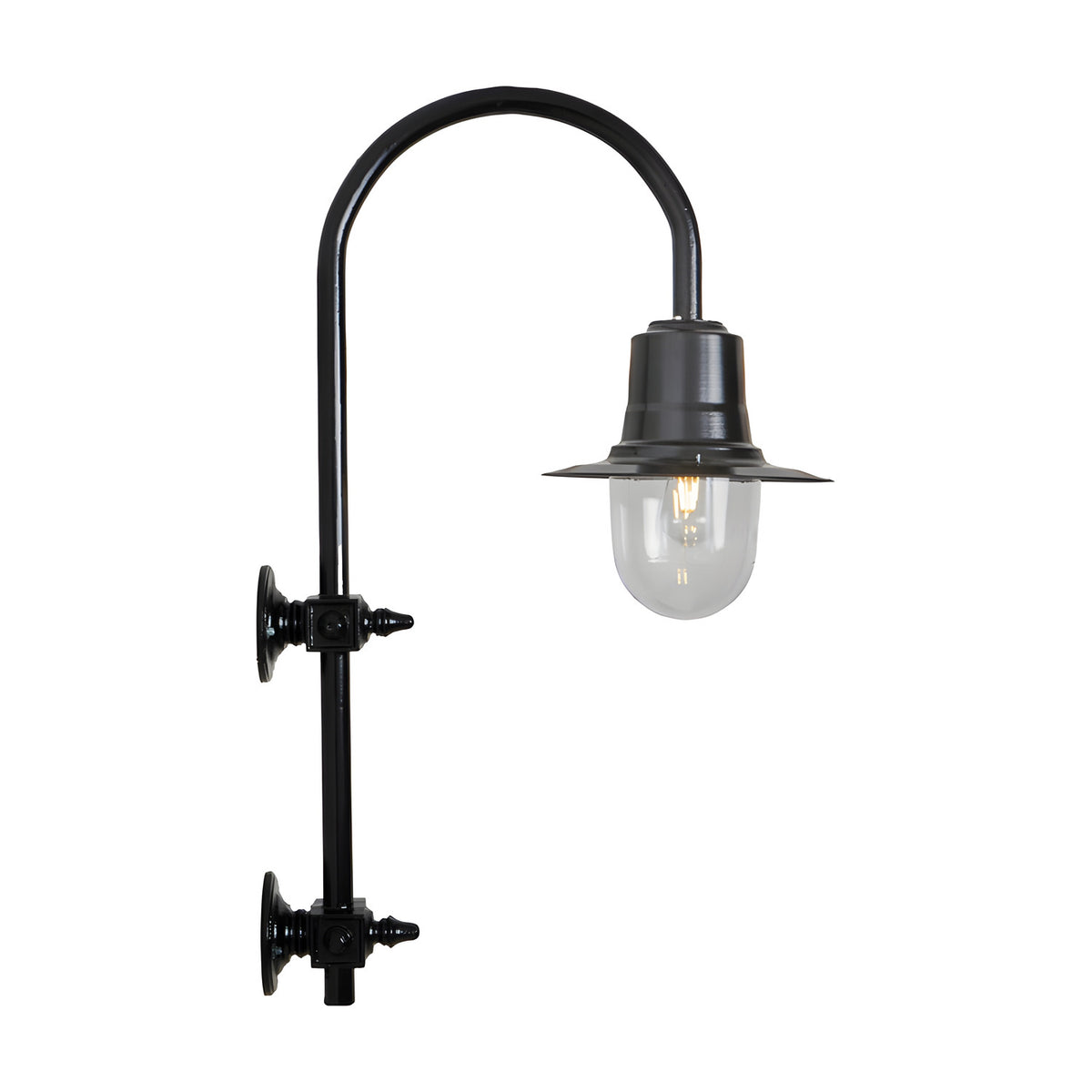Large vintage wall lantern on a black goose neck bracket, with a teardrop metal shade over a clear glass dome, shown against a plain white background.