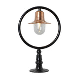 Large Railway Style Pillar Light for flat piers, black metal hoop frame with copper spun shade over a clear glass dome, mounted on a black pillar base, plain white background.