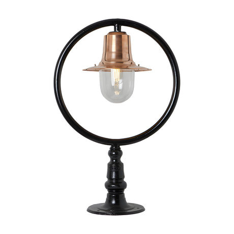 Large Railway Style Pillar Light for flat piers, black metal hoop frame with copper spun shade over a clear glass dome, mounted on a black pillar base, plain white background.