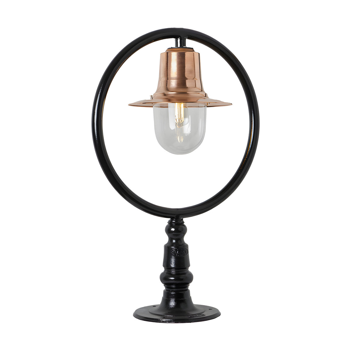 Large Railway Style Pillar Light for flat piers with copper spun shade, black hoop frame, clear polycarbonate dome, and black pedestal base on a plain white background.
