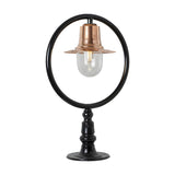 Large Railway Style Pillar Light for flat piers with copper spun shade, black hoop frame, clear polycarbonate dome, and black pedestal base on a plain white background.