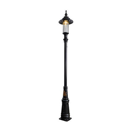 Georgian cast iron lamp post in black, 3.5m tall with a tapered base, single lantern head with clear glass panels and finial top, shown on a plain white background.