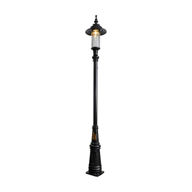 Georgian cast iron lamp post in black, 3.5m tall with a tapered base, single lantern head with clear glass panels and finial top, shown on a plain white background.