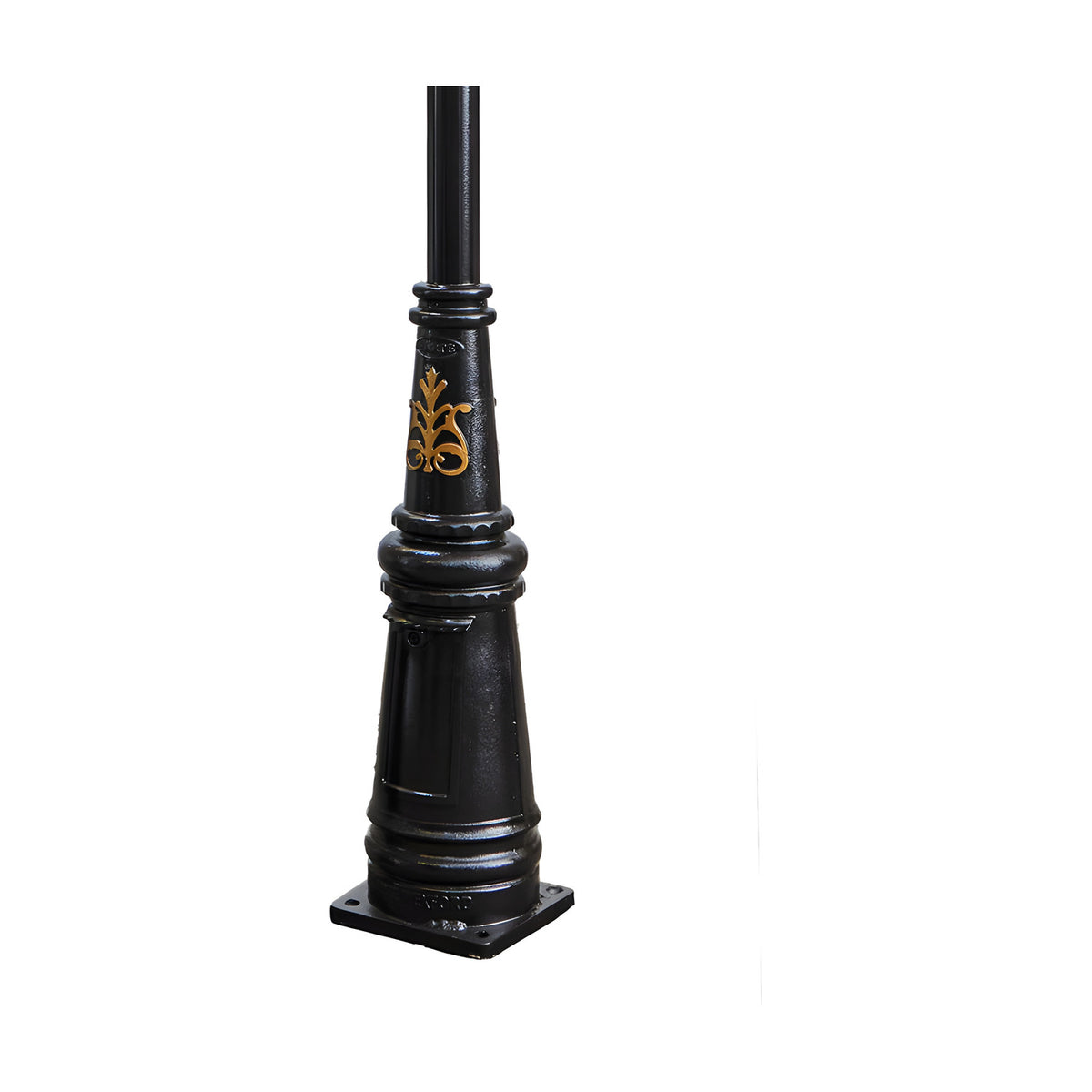 Georgian cast iron lamp post in black with tapered fluted column, gold scroll motif, decorative base plate, and plain black upper pole, shown on a white background.
