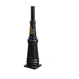 Georgian cast iron lamp post in black with tapered fluted column, gold scroll motif, decorative base plate, and plain black upper pole, shown on a white background.
