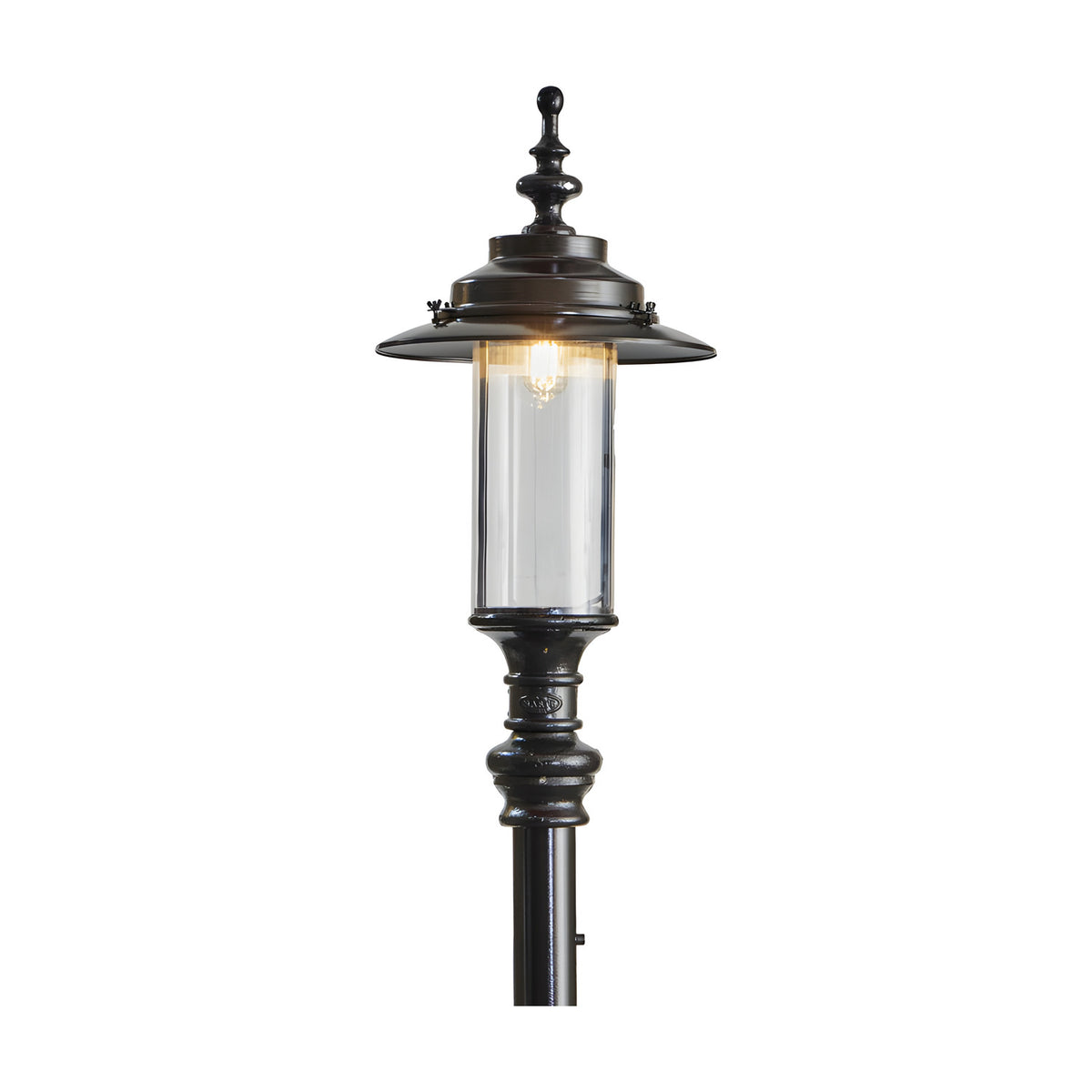 Georgian Cast Iron Lamp Post 3.5m in black, showing the lantern head with clear glass panels, finial top and cast iron post, lit against a plain white background.