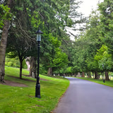 Georgian cast iron lamp post in black, 3.5m tall with a single lantern head, shown installed on a grass verge beside a paved park pathway.