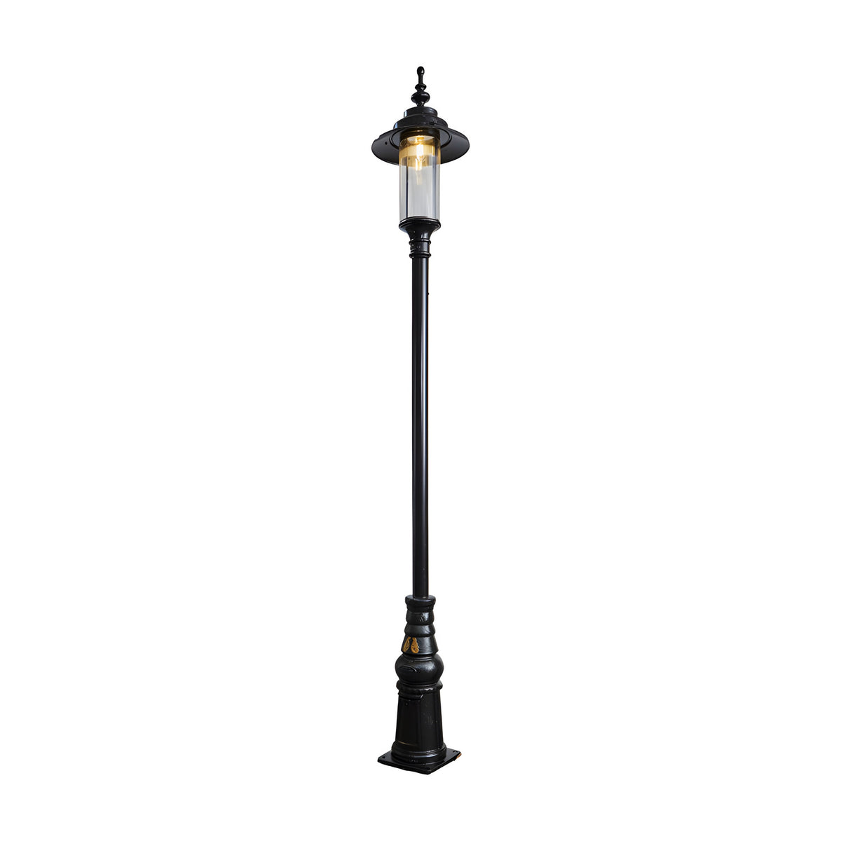 Georgian cast iron lamp post in black, 3.2m tall with a traditional square base, single lantern head with clear glass panels, shown on a plain white background.