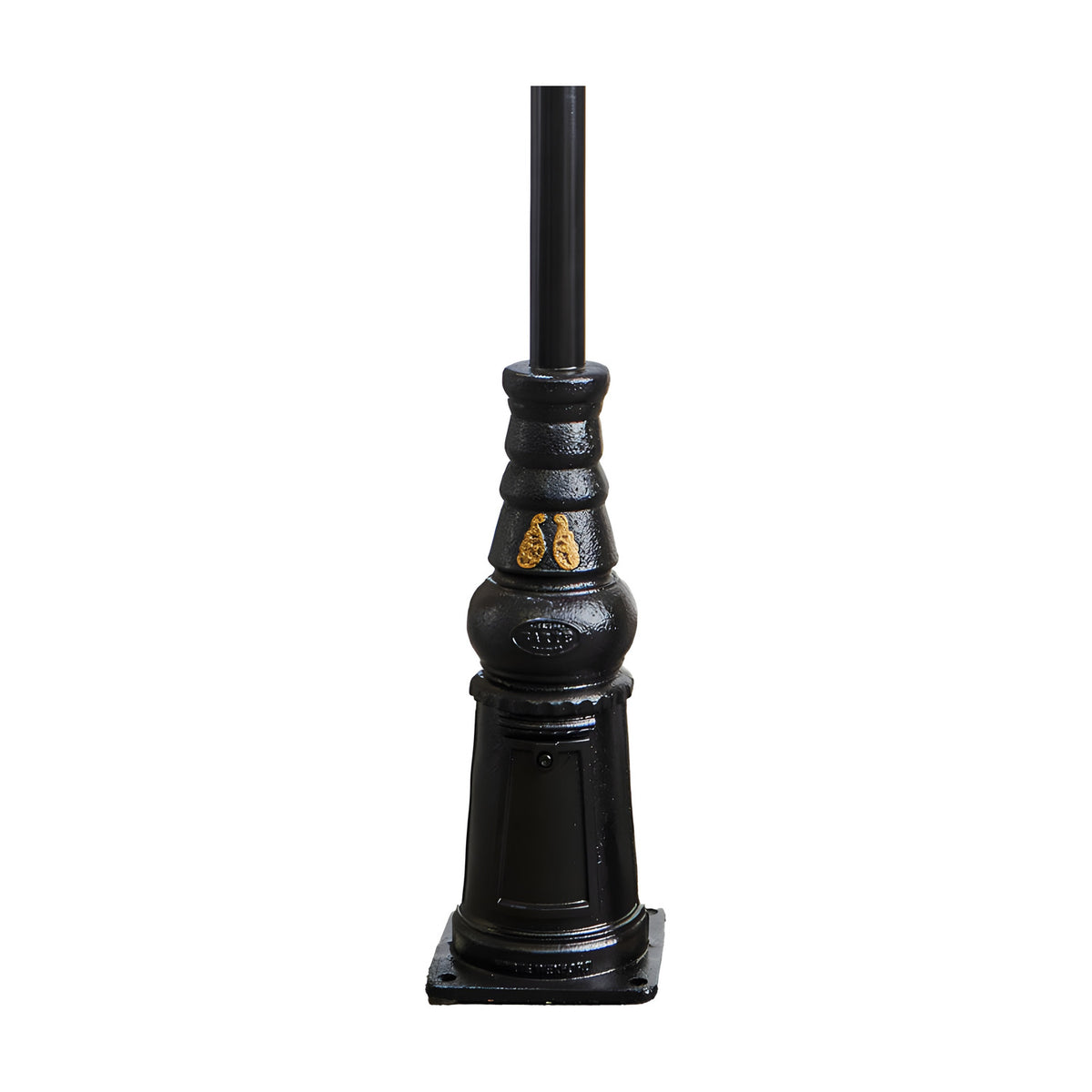 Georgian Cast Iron Lamp Post 3.2m in black, traditional square base with decorative gold accents and tapered iron pillar, shown on a plain white background.
