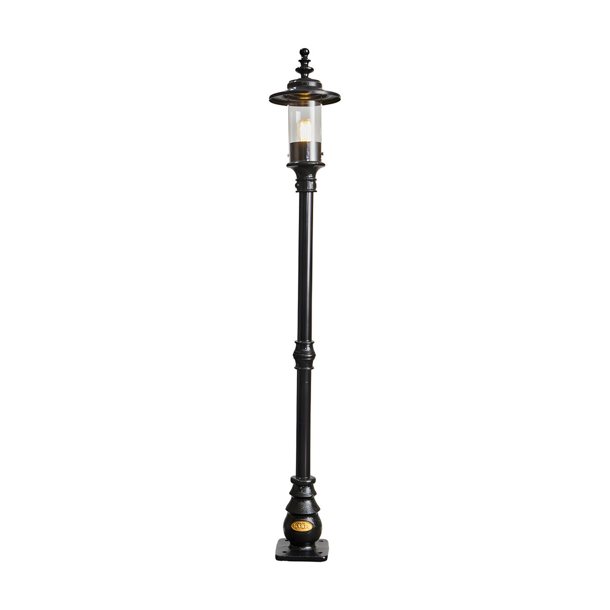 Georgian Cast Iron Lamp Post in black, 1.39m tall with a single lantern head, clear polycarbonate shade, and decorative base plate on a plain white background.