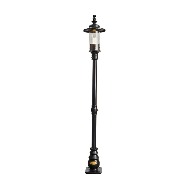 Georgian Cast Iron Lamp Post in black, 1.39m tall with a single lantern head, clear polycarbonate shade, and decorative base plate on a plain white background.