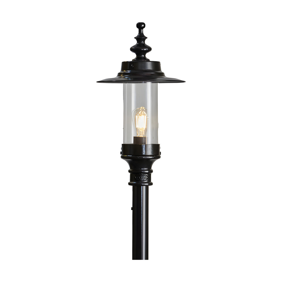 Georgian cast iron lamp post in black, 2.55m tall, single-light traditional post fixture with domed cap, glass panel, and exposed bulb, shown on a plain white background.