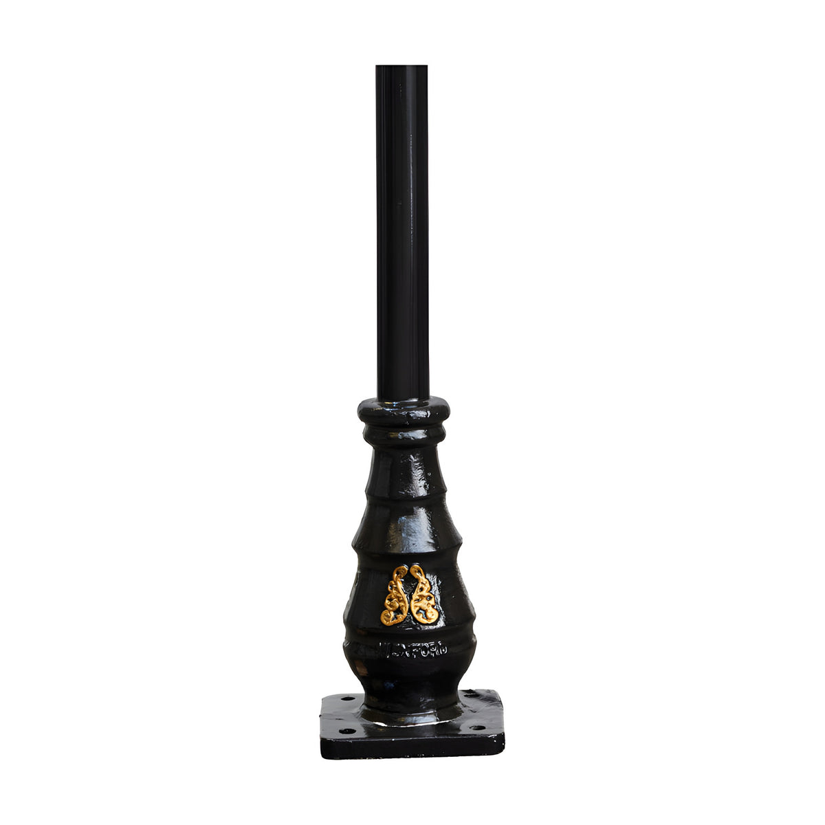 Georgian cast iron lamp post in black with fluted tapered base, gold decorative motif, and square mounting plate, plain black upper post, shown on a white background.