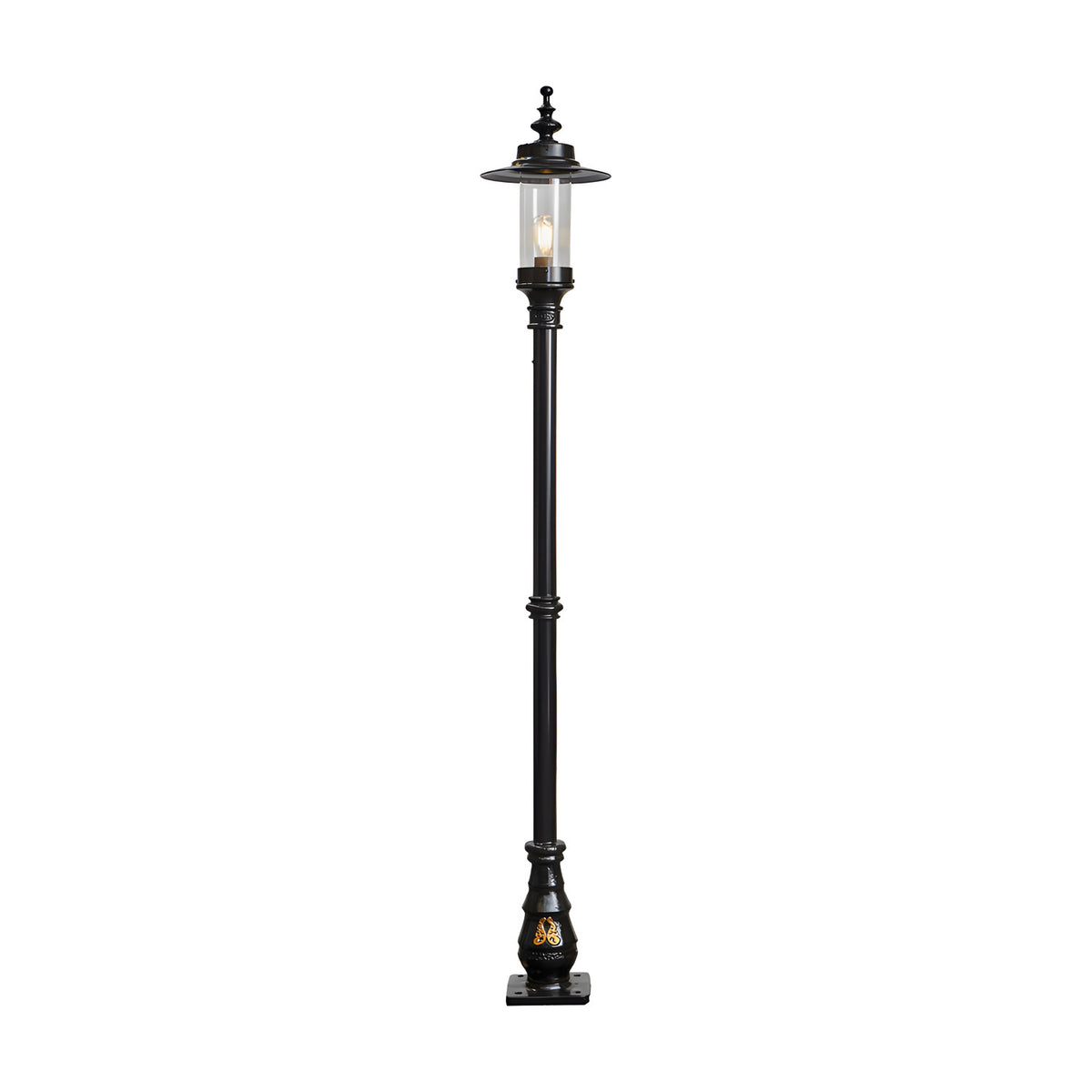 Georgian cast iron lamp post in black, 2.21m tall with a single lantern head, clear glass panels, decorative base, and traditional square-edged design on a plain white background.