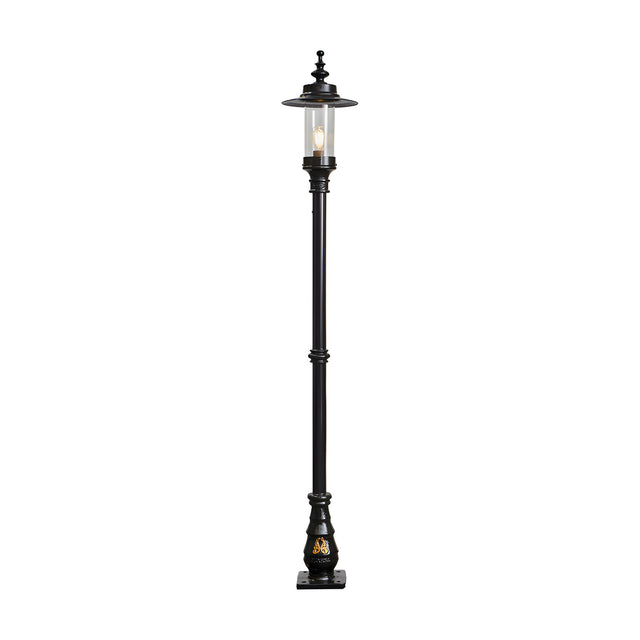 Georgian cast iron lamp post in black, 2.21m tall with a single lantern head, clear glass panels, decorative base, and traditional square-edged design on a plain white background.