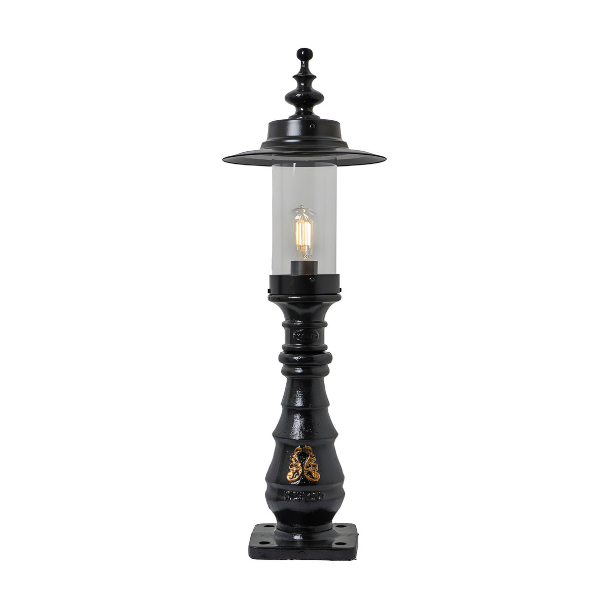 Large Georgian cast iron pedestal post light in black, single lantern head with clear glass panel, decorative crown top and square base, shown on a plain white background.