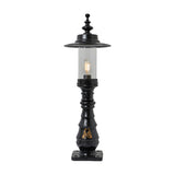 Large Georgian cast iron pedestal post light in black, single lantern head with clear glass panel, decorative crown top and square base, shown on a plain white background.