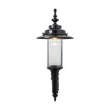 Large Georgian cast iron outdoor wall lantern in black, single-light fixture with clear cylindrical glass panel and ornate finial top, shown on a plain white background.