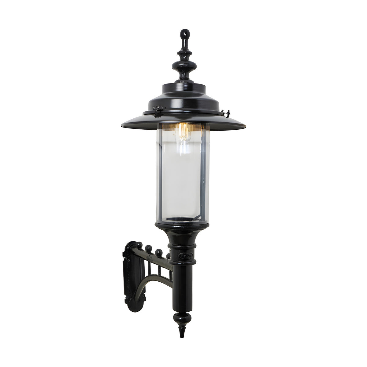 Large Georgian cast iron wall lantern in black with a clear cylindrical glass panel, wide crown top, and decorative wall bracket, shown on a plain white background.