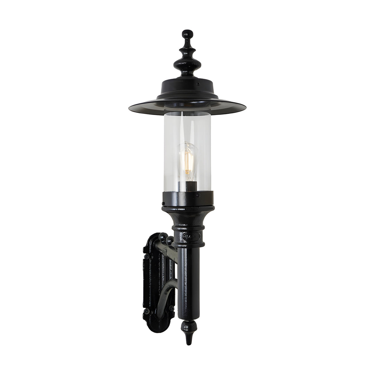 Medium Georgian Cast Iron Wall Lantern in black, single-light outdoor fixture with clear glass cylinder, exposed bulb, wide flat top shade and cast bracket arm, shown on a plain white background.