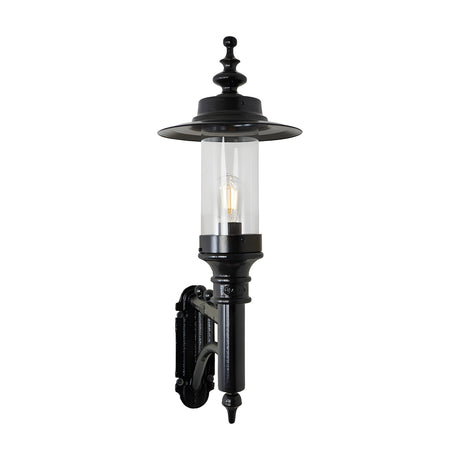 Medium Georgian Cast Iron Wall Lantern in black, single-light outdoor fixture with clear glass cylinder, exposed bulb, wide flat top shade and cast bracket arm, shown on a plain white background.