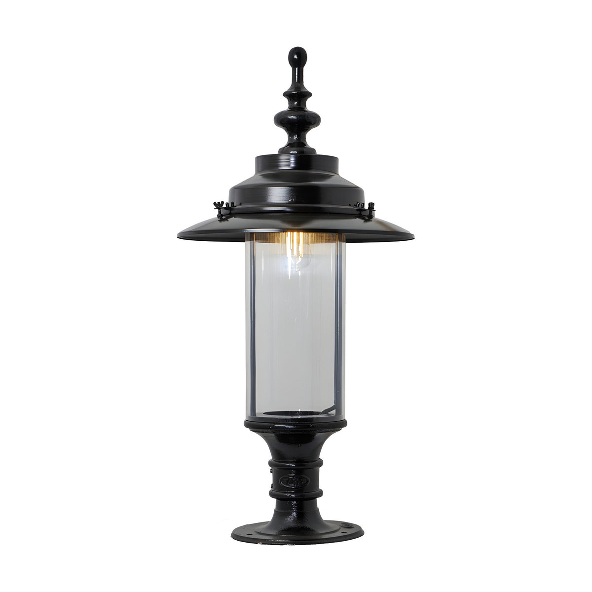 Georgian cast iron pillar light in black with domed crown, clear cylindrical glass panel, and pedestal base, shown on a plain white background.