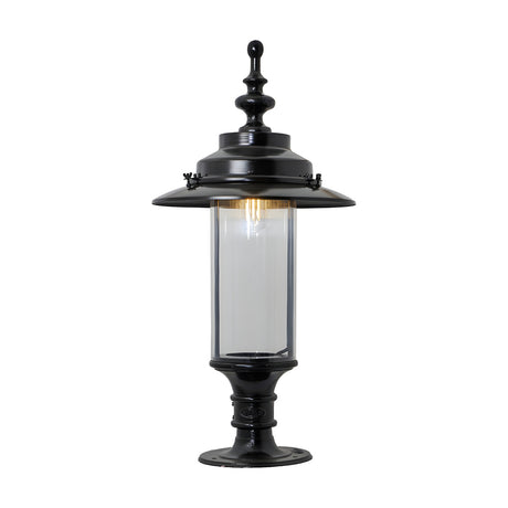 Georgian cast iron pillar light in black with domed crown, clear cylindrical glass panel, and pedestal base, shown on a plain white background.