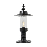 Large Georgian cast iron pillar light in black with a shallow crown-shaped hood, clear cylindrical glass shade, and flat pier cap base, shown on a white background.