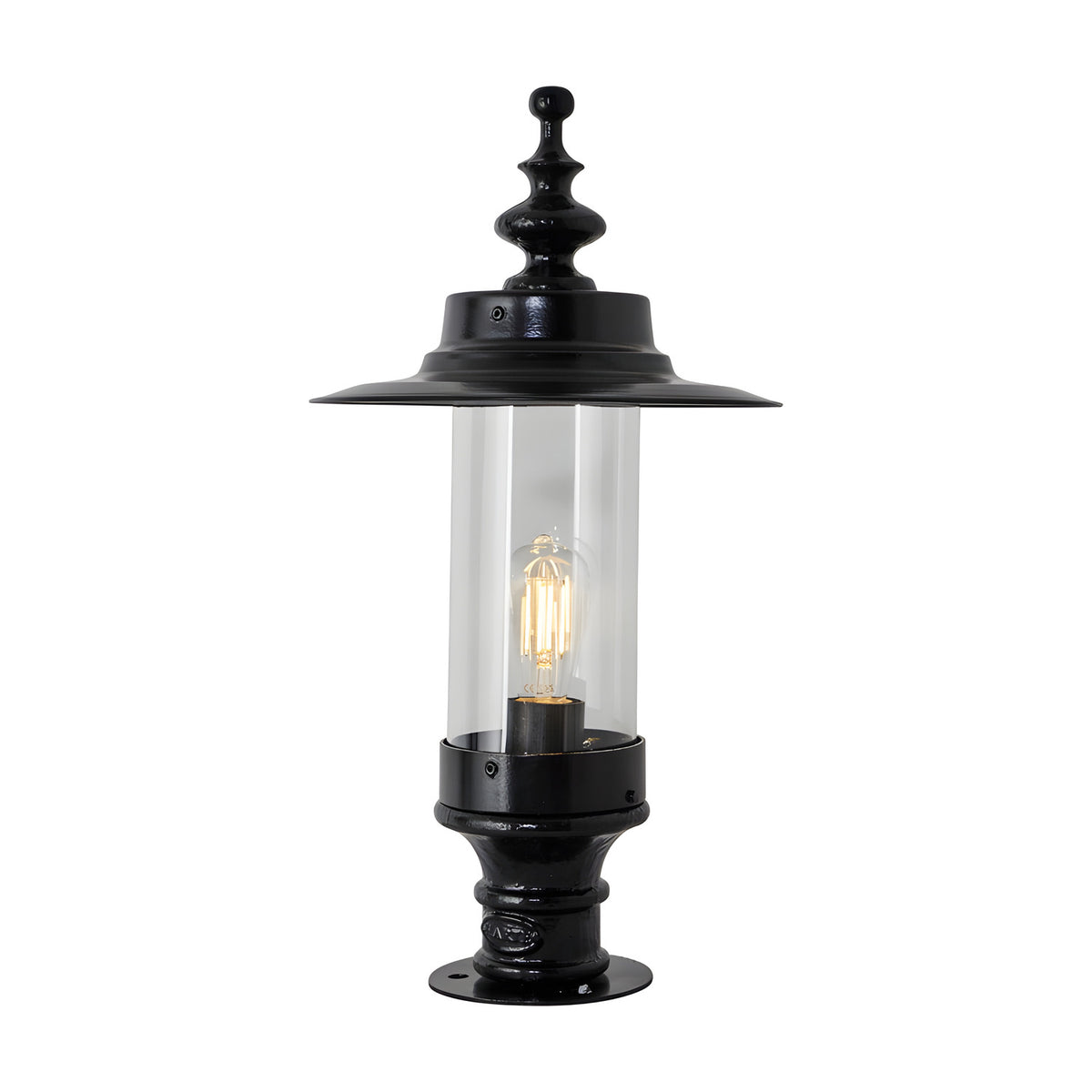 Large Georgian cast iron pillar light in black with a shallow crown-shaped top, clear cylindrical glass panel, single E27 bulb, and a wide flared base, shown on a plain white background.