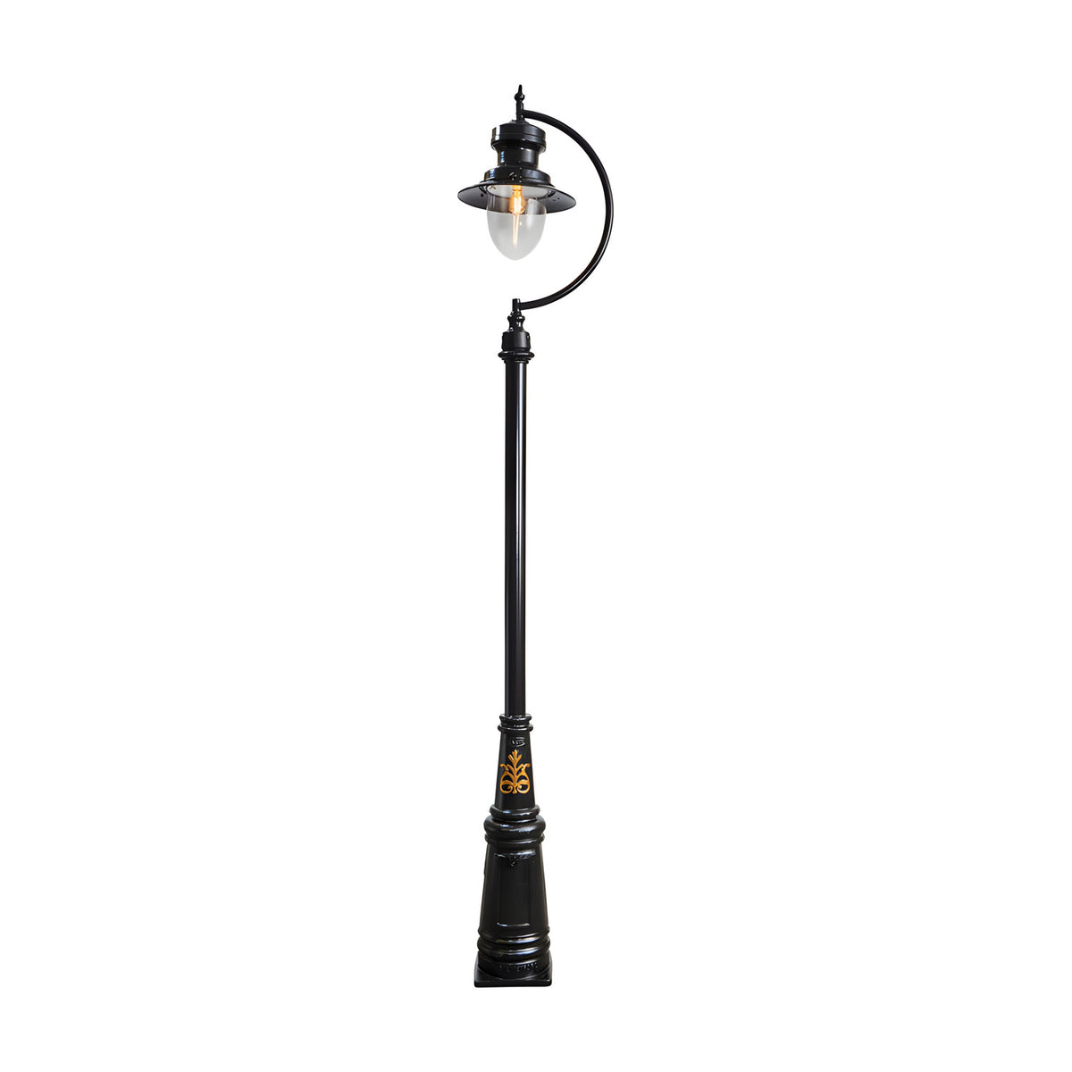 Vintage cast iron lamp post in black, 3.7m tall with a gooseneck curve, teardrop shade over a clear glass dome, and a decorative base, shown on a plain white background.