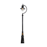 Vintage cast iron lamp post in black, 3.7m tall with a gooseneck curve, teardrop shade over a clear glass dome, and a decorative base, shown on a plain white background.